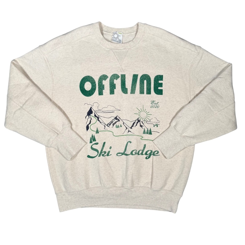 OFFLINE by Aerie Sweatshirt‎ Womens Small Oatmeal Ski Lodge Graphic Oversized